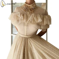 Light Champagne Formal Evening Dresses Saudi Arabia High Neck A Line Vestido De Soiree Dresses for Party