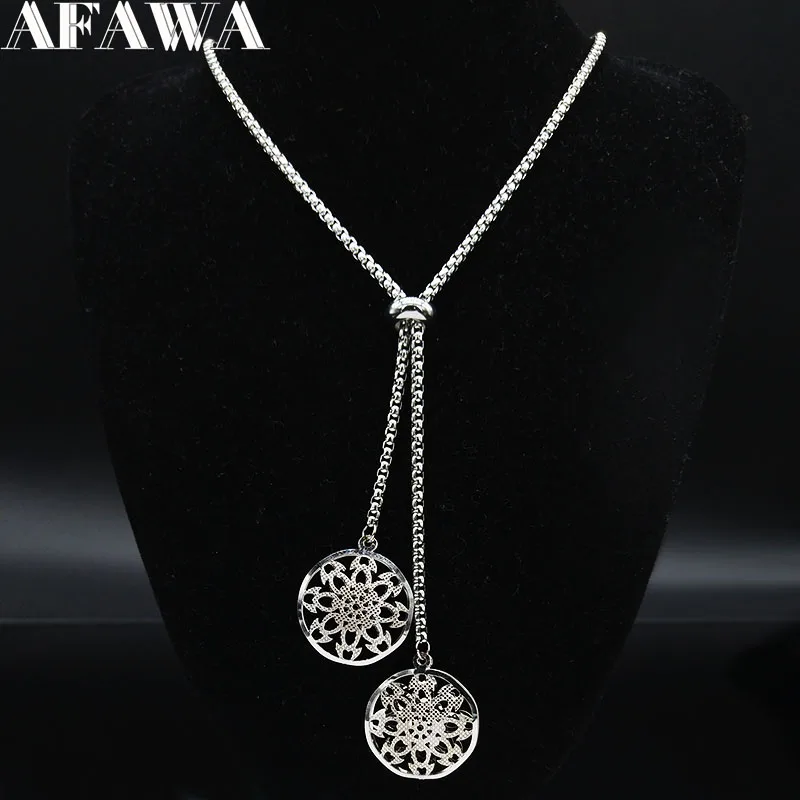 Женское длинное ожерелье из нержавеющей стали с цветком жизни серебряные