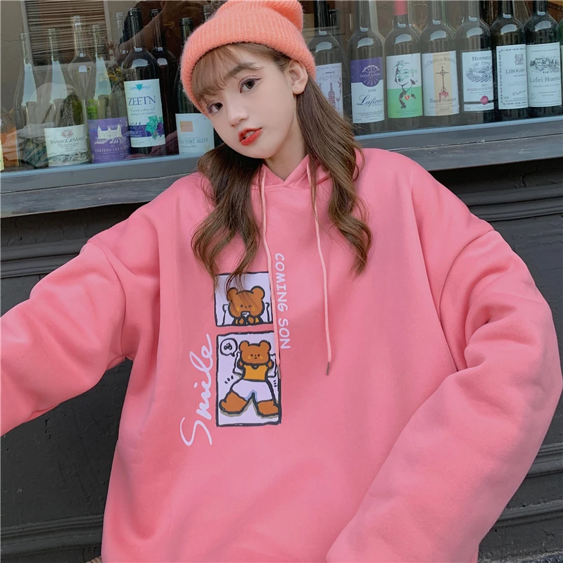 

With Hat Hoodies Women Plus Velvet Warm Thicker BF Fashion Ins Couple Cartoon Kawaii Baggy Cute Draw String Chic Winter Lovely