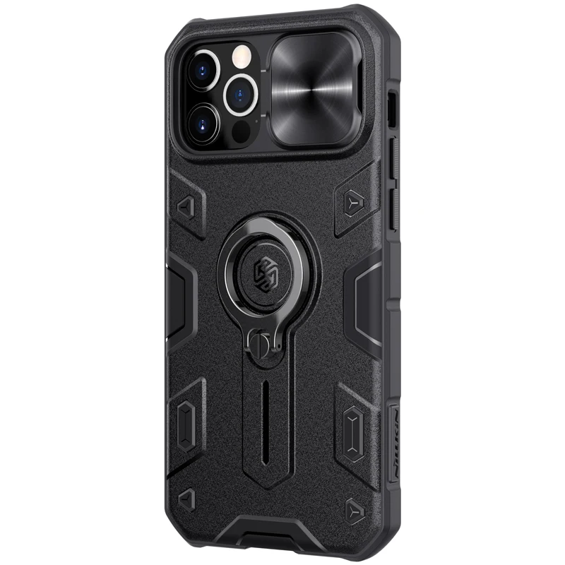 

For Iphone 12 Case Military Grade Case with Stand Kickstand Ring and Slide Camera Cover（Black）