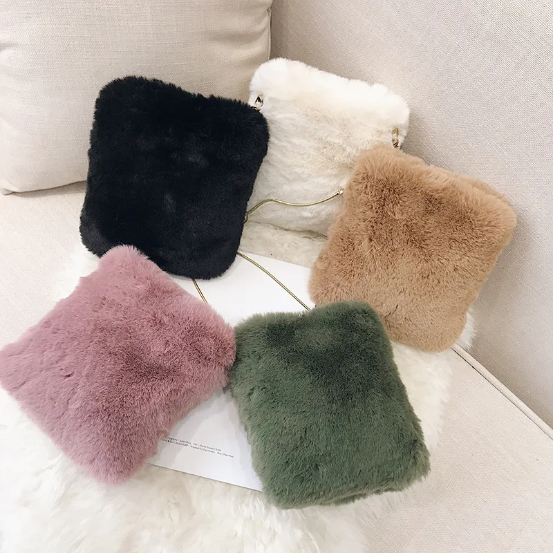 

2019 New Korean Fashion Plush Bucket Bag Chain Shoulder Bag Wild Girl Cute Solid Color Messenger Bag Crossbody Bags For Women