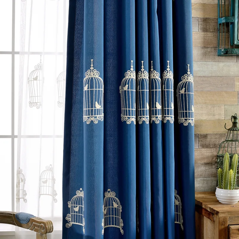 

Blue Chinese Style Curtains for Living Room Bedroom Cotton Linen Embroidery Korean Cartoon Simple Modern Curtains Decoration