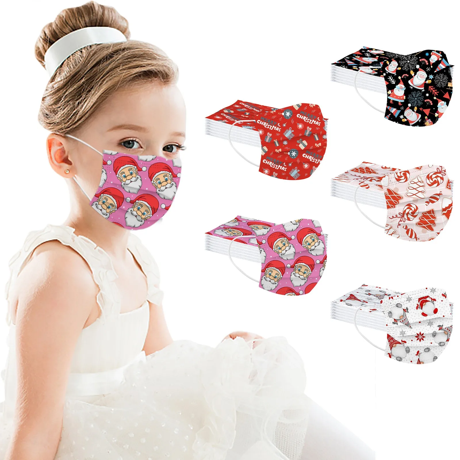 

50pc Christmas Mask Children Mask Kid Disposable Non-Positioning Printed Mask Breathable Outdoor Disposable Face Christmas Mask