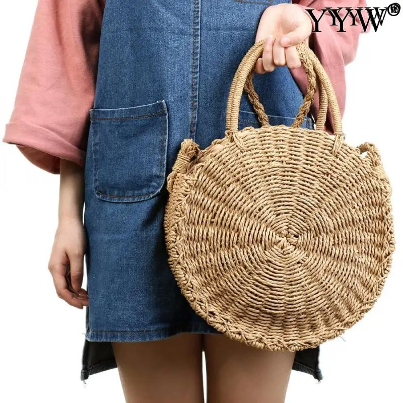 2021 Summer Round Straw Bags For Women Ladies Rattan Shoulder Bag Handmade Woven Beach Handbags Female Message Handbag Totes Bag