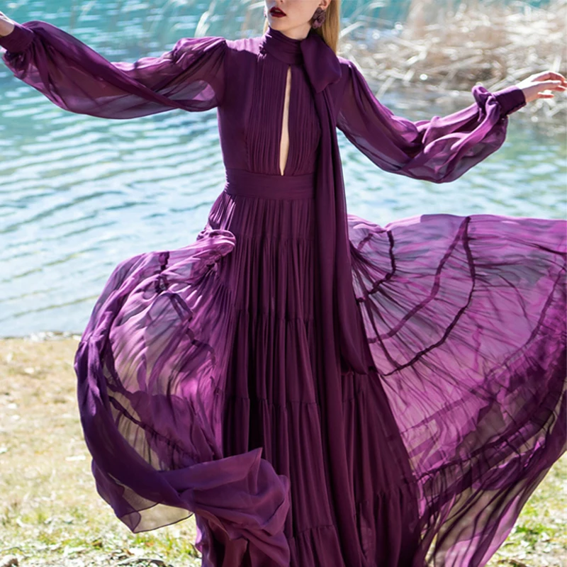 

Retro Purple Dress 2021 Autumn New Style Long Sleeve Temperament Beach Party Evening Long Dresses for Women