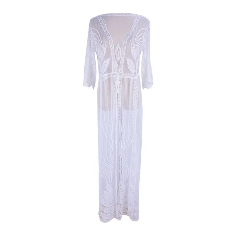 

2021 Sexy Lace Hollow Embroidery Summer White Sunscreen Women's Swimsuit Cover Up Beach Bikini Jacket Cardigan