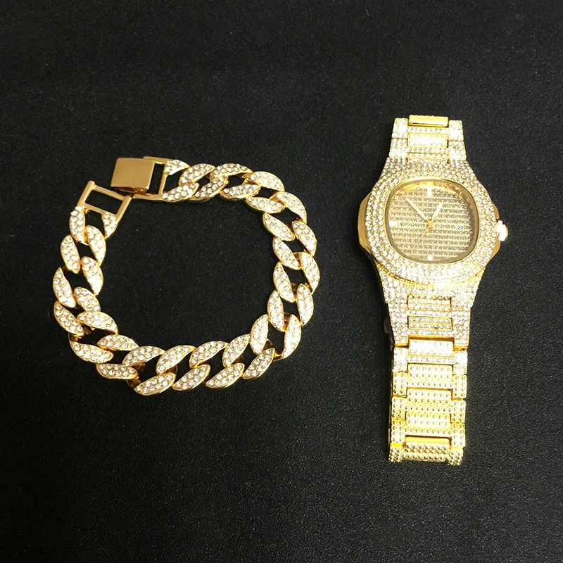 Gold watch Bracelet Золотое ожерелье+ часы+ браслет в стиле хип-хоп, кубинская цепочка в стиле «Майями», вымощенные стразы, CZ Bling Rapper для Мужчин, Ювелирные изделия - Окраска металла: Gold watch Bracelet