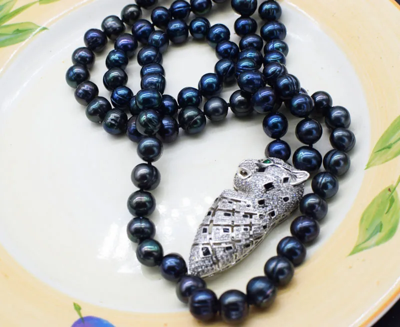 

2rows freshwater pearl black near round 9-10mm leopard pendant necklace 17-18" nature wholesale FPPJ