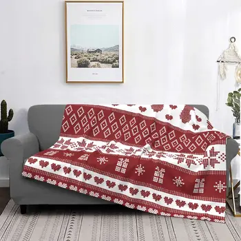 Red Winter Nordic Snowflake Deer Christmas Blankets Flannel All Season Portable Soft Throw Blankets for Sofa Outdoor Rug Piece