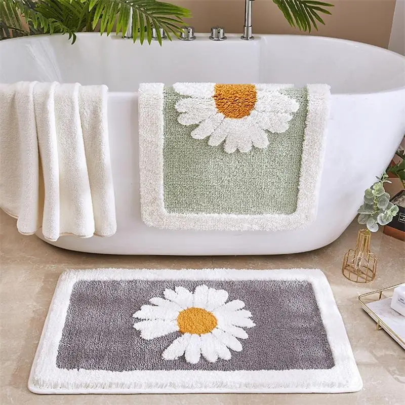 

Home Bath Mat Non-slip Bathroom Entrance Mat Soft Non-Slip Absorbent Creativity Daisy Doormat Living Room Toilet Floor Rug Decor