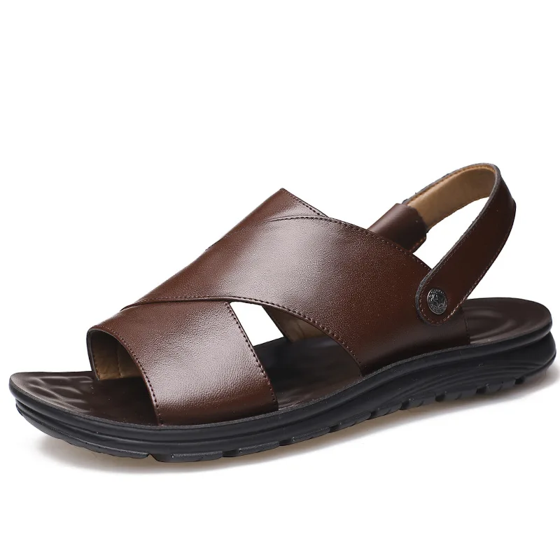 

2021 summer New Flat Slip on Sandals men fashion Non-slip leather slippers male outdoor Comfortable chic Sandy beach men Sandals