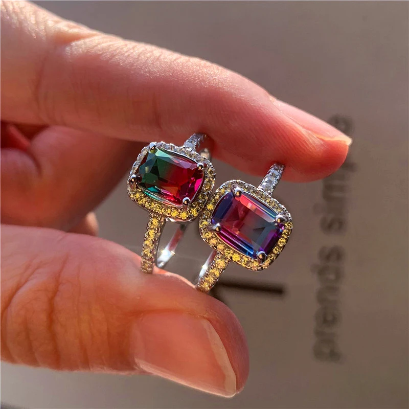 

Charm Female Rainbow Zircon Stone Ring Small Silver Color Square Wedding Ring Vintage Crystal Engagement Rings For Women