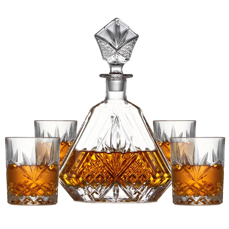 

5 Pcs Set luxury Crystal Glass lead-free home bar Whiskey Decanter Set with 4 Pcs old fashioned Whiskey glass