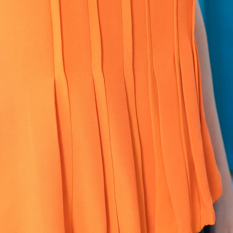 Günstig VOA Schwere 30 Mt/mt Seide Orange Frau T-shirts BE532 Drei-dimensional Streifen Spleißen Falten Rock Typ Rotatorenmanschette Runde Neck T-shirt