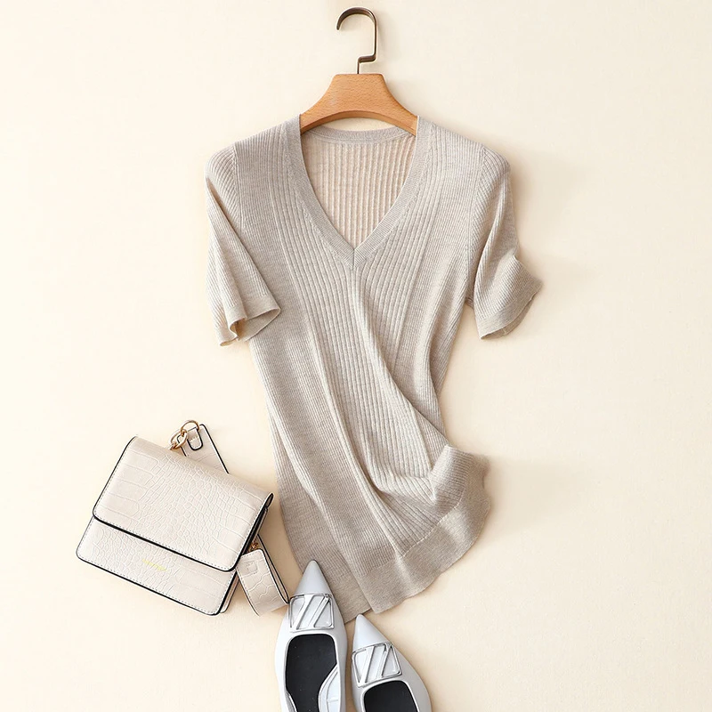 new fashion 100% Cashmere v neck short sleeve rib sweater women | Женская одежда