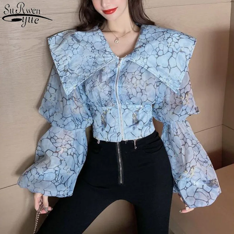 

Women's Big Turn Down Collar Printing Shirt Fashion Female Lantern Sleeve Elegant Top Perspective Zipper Blouses Shirts 13965