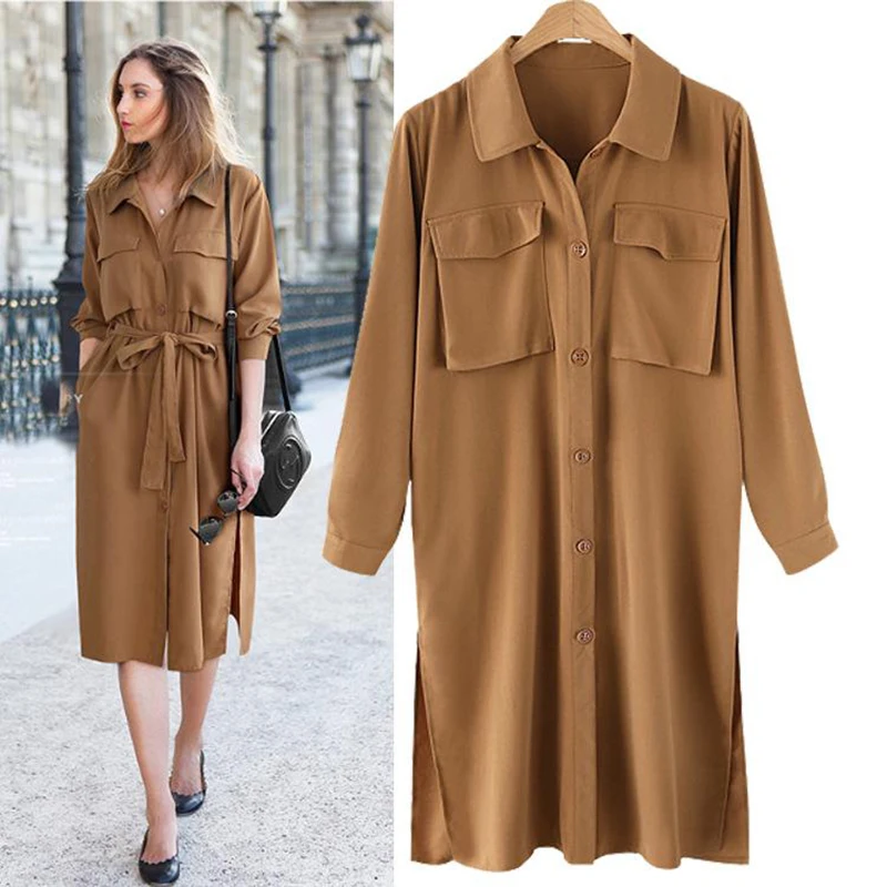 Платье женское с поясом повседневное свободное офисное платье на пуговицах