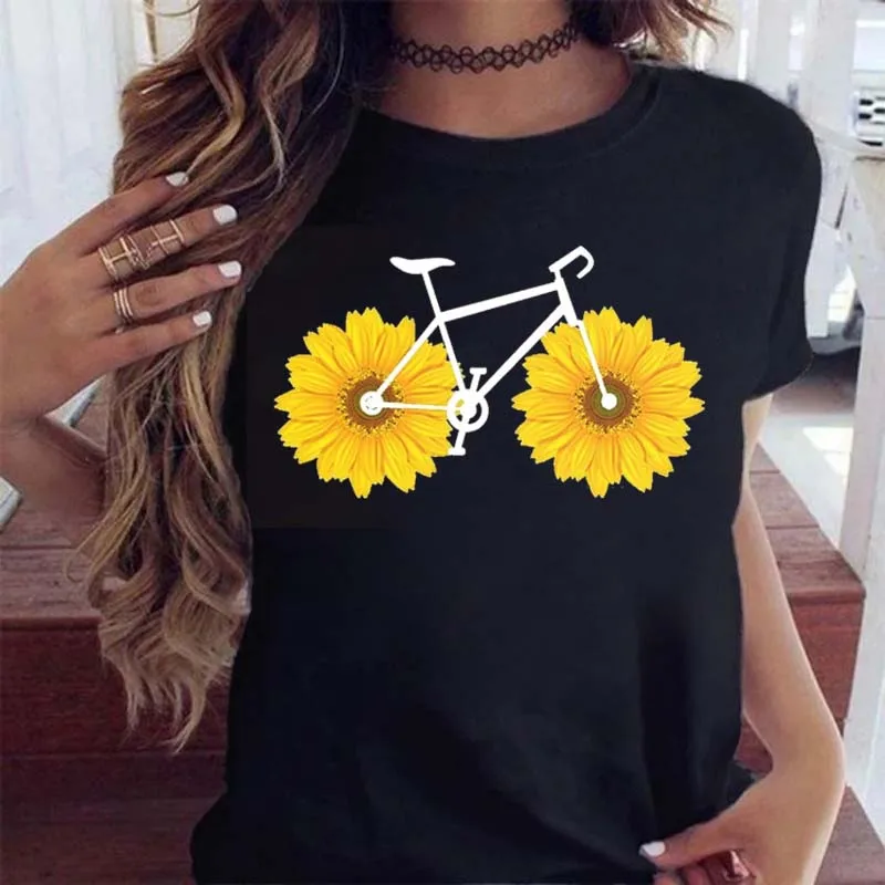 

Fashion Women T Shirt Sunflower Bicycle Printed T Shirt Casual Black Tops 90s Ladies Girl Tee Female Harajuku Graphic T-shirt