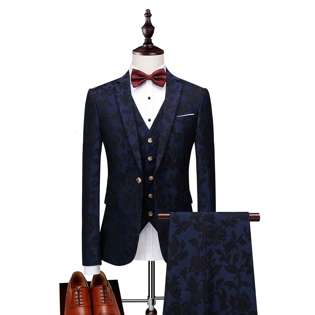 

Luxury Blue Costume Mariage Homme Mens Suits With Pants Vintage Mens Suit British Tuxedo Paisley 3 Piece Jacquard Suit 3XL