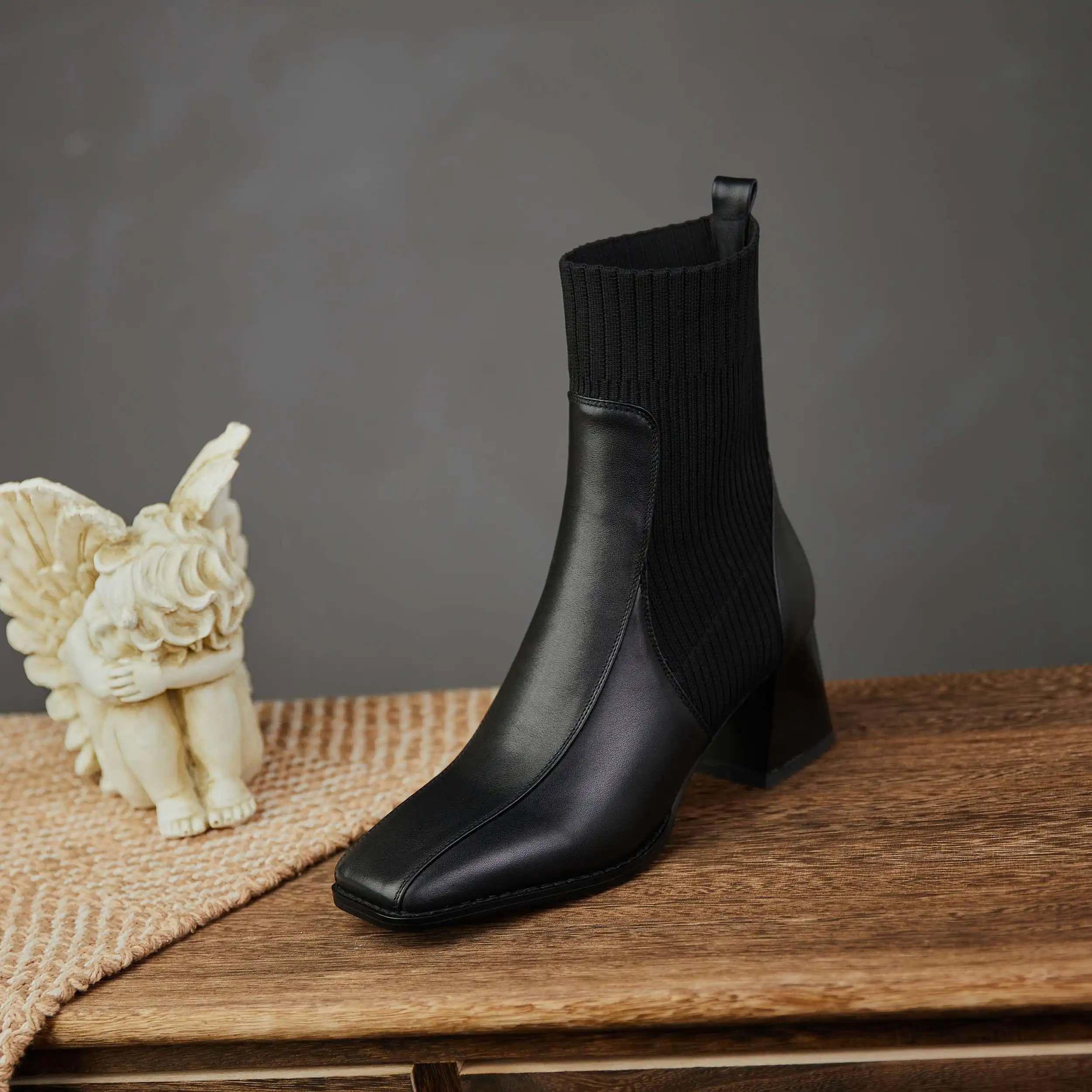 

Vichelo Hot plus size natural leather square toe high heels knitting boots Korean street pretty girls dating ankle boots L9f1