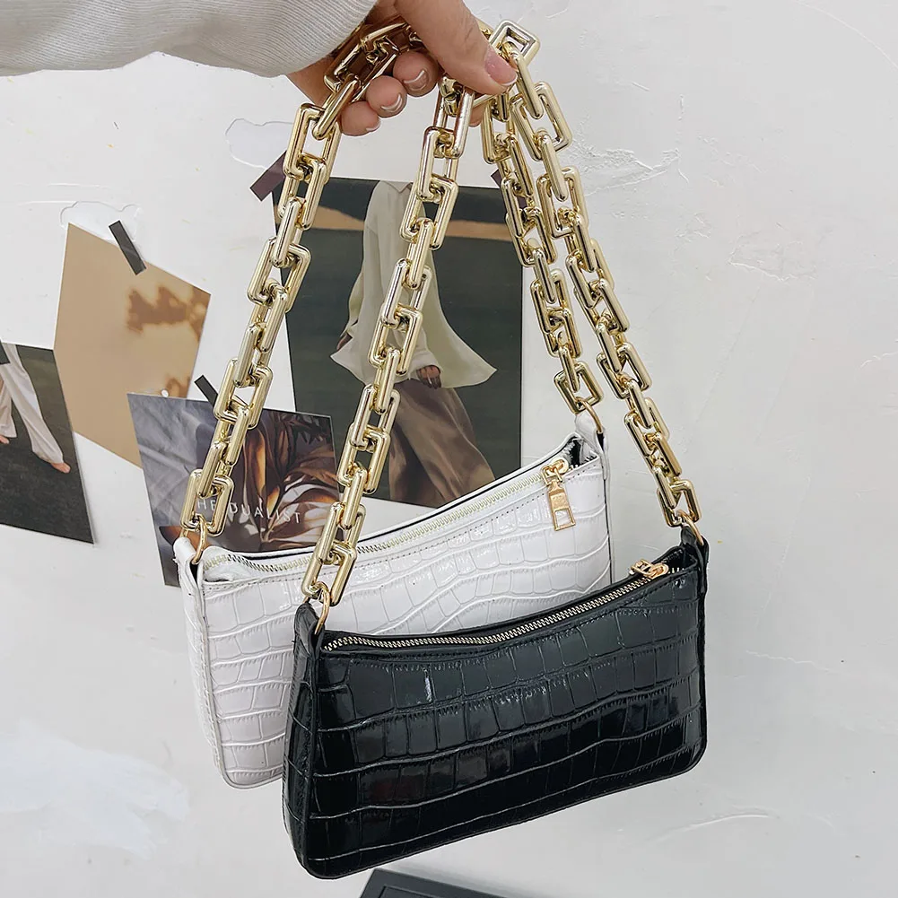 

Vintage Alligator Pattern Underarm Shoulder Bag PU Leather Women Thick Chain Handbags Women's Fashion Handbags