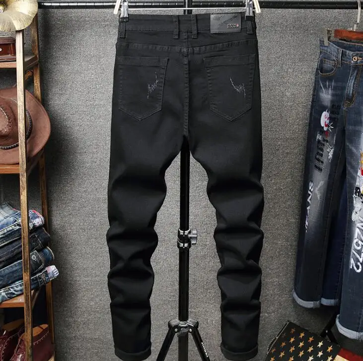 Mens jeans embroidered letters original design trousers new European American wind hole stretch black slim брюки мужские pants