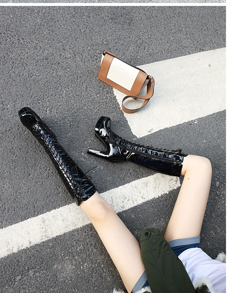 ANMAIRON PU Knee-High Round Toe Boots Women Super High Square Heel Winter shoes Zip Cross-tied Thigh High Boot Solid Short Plush