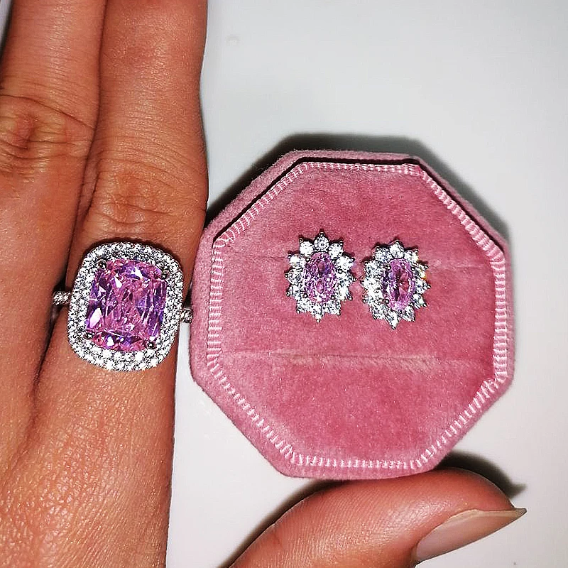 

2pcs Handmade Eternity Promise Pink Crystal AAA Zircon Wedding Jewelry Set Band Stud Earrings Rings for Women Engagement Bijoux