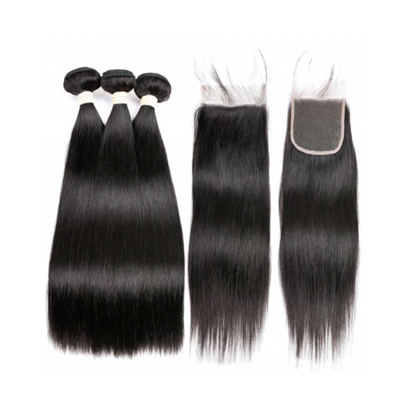 Straight Bundles With Closure Human Hair For Women Brazilian Weave Remy Hair Straight Extension 3/4 Bundles with 4x4 Closure