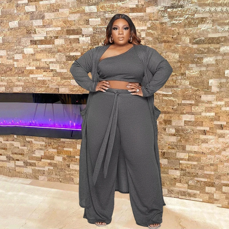 

Plus Size Women Clothing Suits 3pieces Women Pants Crop Top Vest and Long Sleeve Coat Casual Large Sexy Outfits Wholesale Items
