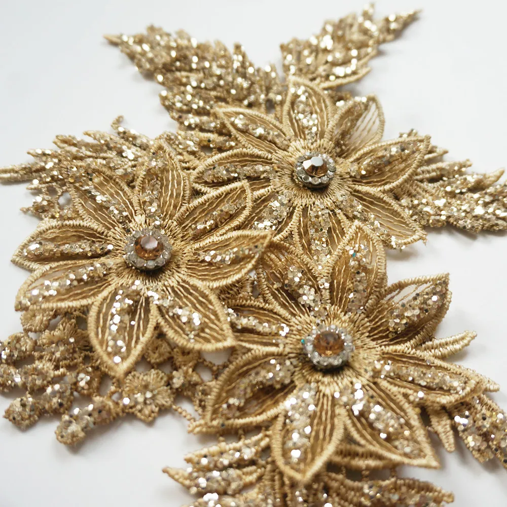 2 шт. стразы с золотыми блестками Кружевная аппликация шитье цветочная ткань
