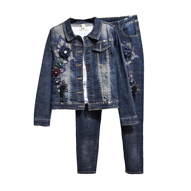 

Women Spring Autumn New 3D Floral Embroidery Jeans 2 Piece Set Beaded Casual Denim Jacket Outfits Tops Coat and Pants Suit