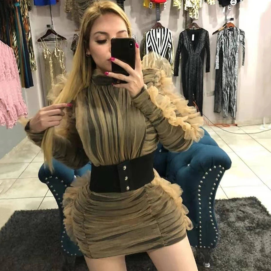 Плиссированное мини платье с поясом сексуальное женское 2018 зимнее Сетчатое