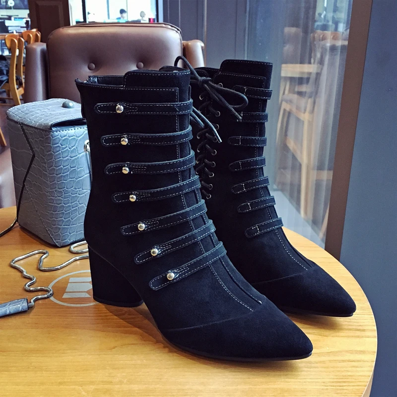 Модные женские ботинки из натуральной кожи обувь на высоком каблуке зимние