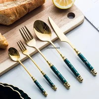 5pcs ceramic tableware fork spoon knife set vintage cutlery set 304 stainless steel dinner dinnerware set green marble handle