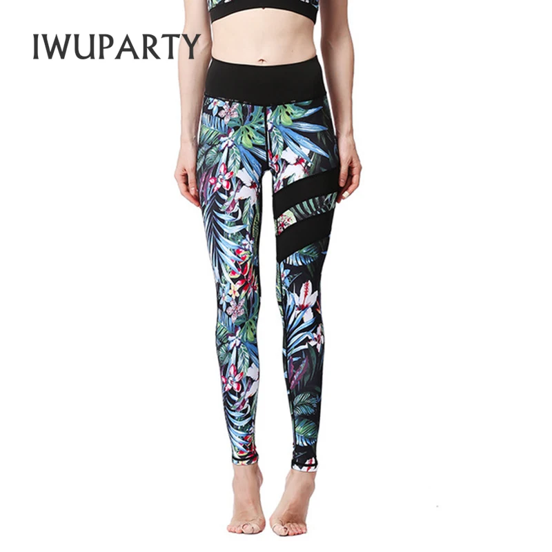 

IWUPARTY Dital Printed Mesh Splice Pants Slim Print Women Sport Leggings Fitness Leggins Push Up High Waist Elastic Gym Trousers
