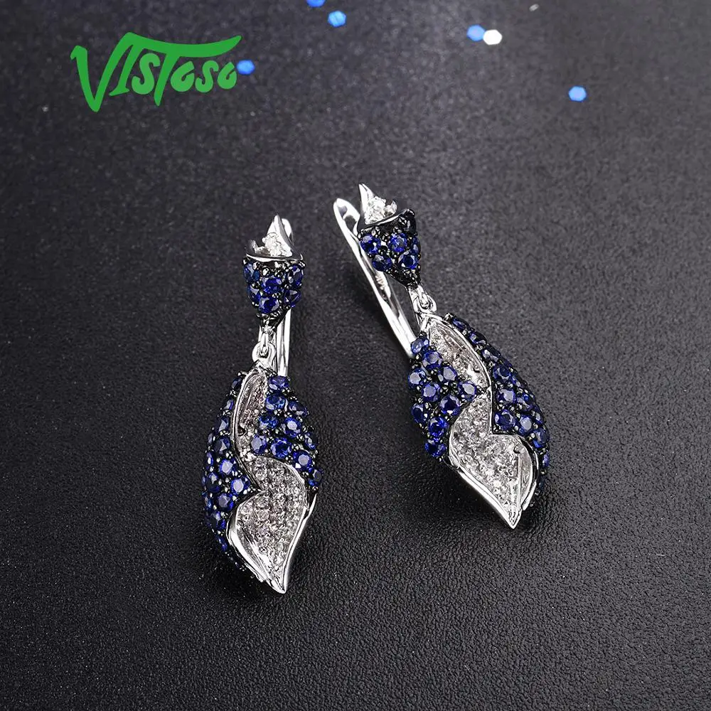 VISTOSO золотые серьги для женщин, настоящие 14 к 585 розовое белое золото, сверкающие алмазы, синий сапфир, висячие серьги, хорошее ювелирное изделие