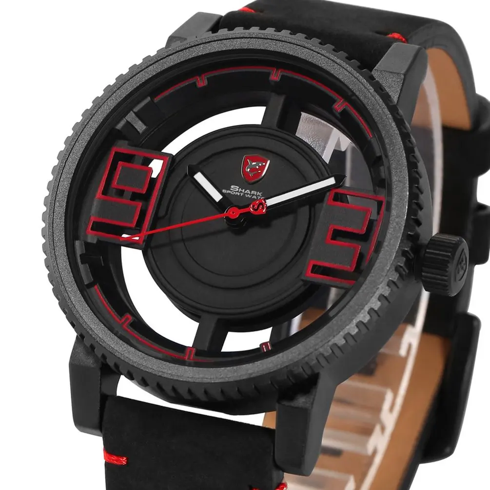 Red SH542 Megamouth акула спортивные часы 3D Специальный прозрачный полые циферблат дизайн роскошный коричневый кожаный ремешок Для мужчин Креативные часы подарок/SH543 - Цвет: Red SH542