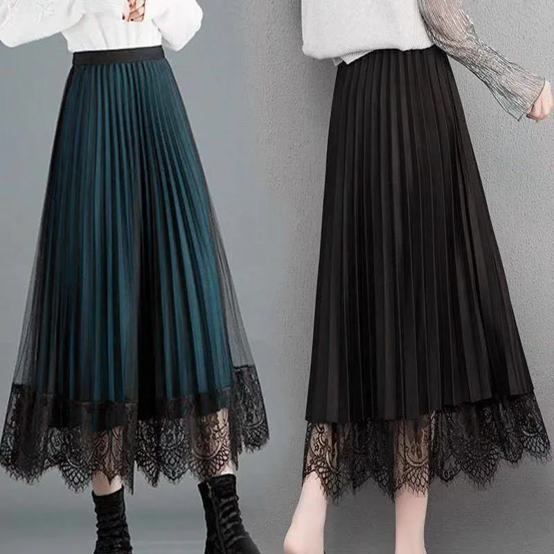 

New Summer Lace Tulle Velvet Skirt Women Fashion 2021 Spring Elegant Long Skirt Black Female High Waist Pleated Maxi Skirt