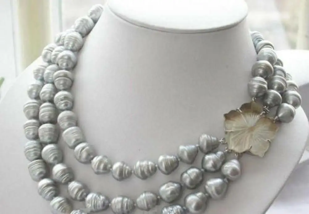 

3 Rows Natural 11-13mm South Sea Gray Freshwater Rice Pearl Necklace 17-19''