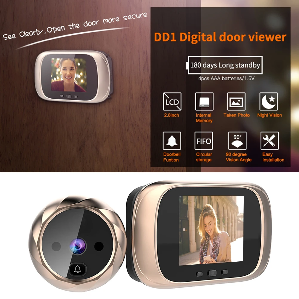 

DD1 2,8 дюйма Tft ЖК-дисплей цифровой дверной звонок 0.3mp инфракрасный Ночное видение электронный дверной глазок легко устанавливается! Камера в...