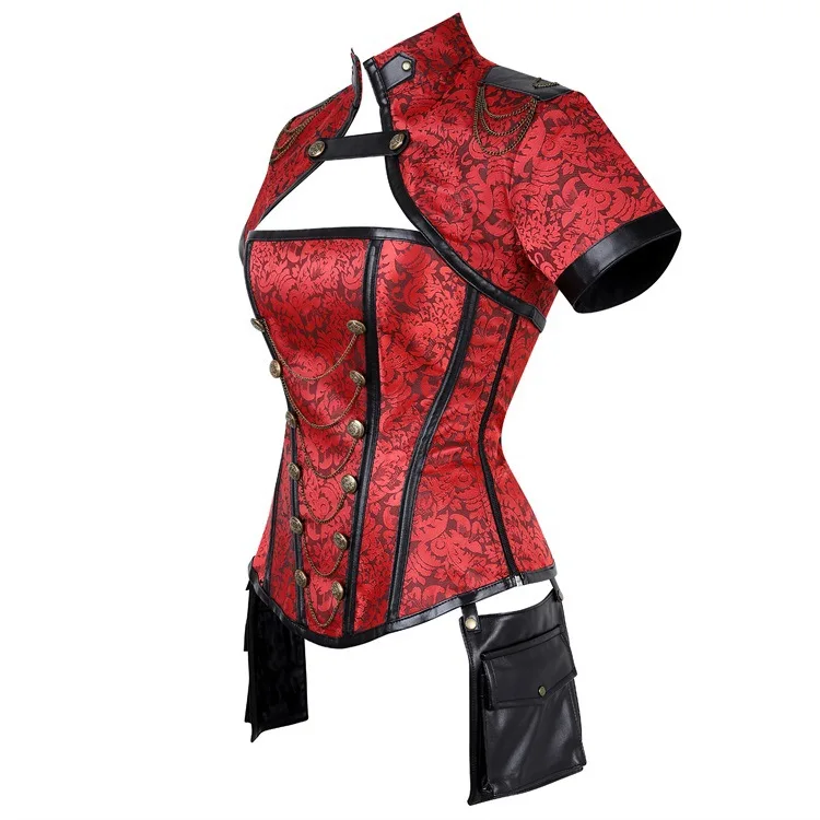 2021 Black Red Gothic Corset Women Lace Cotton Steampunk Bustier With Jacket Iron Chain Firm 11 Steel Frame Underwear Shaper