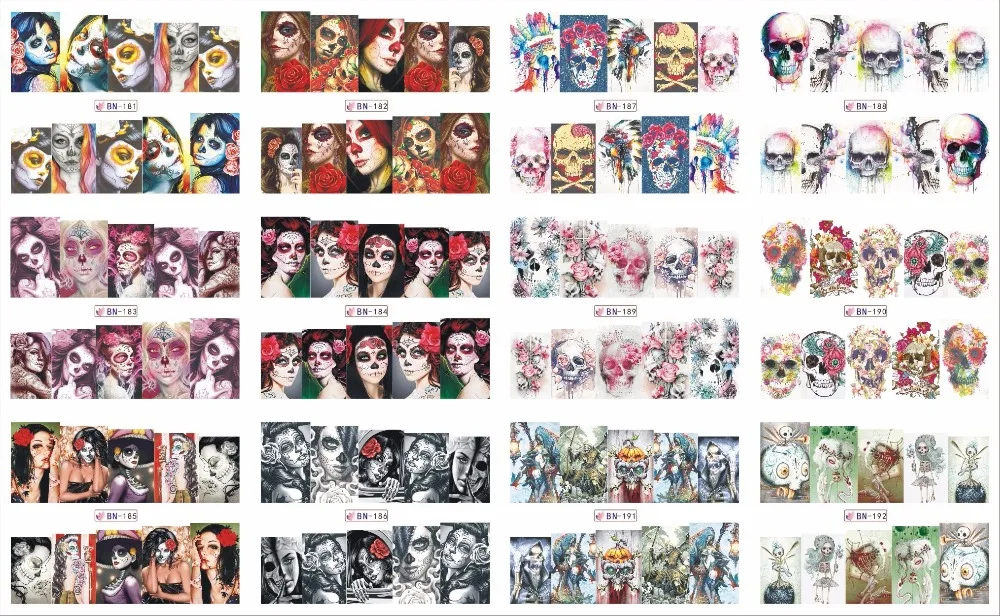 

12Sheet/Lot BN181-192 Nail art decal Voodoo Girl Flower Skull Full Cover Nail Art Water Wraps Sticker Decal (12 DESIGNS IN 1)