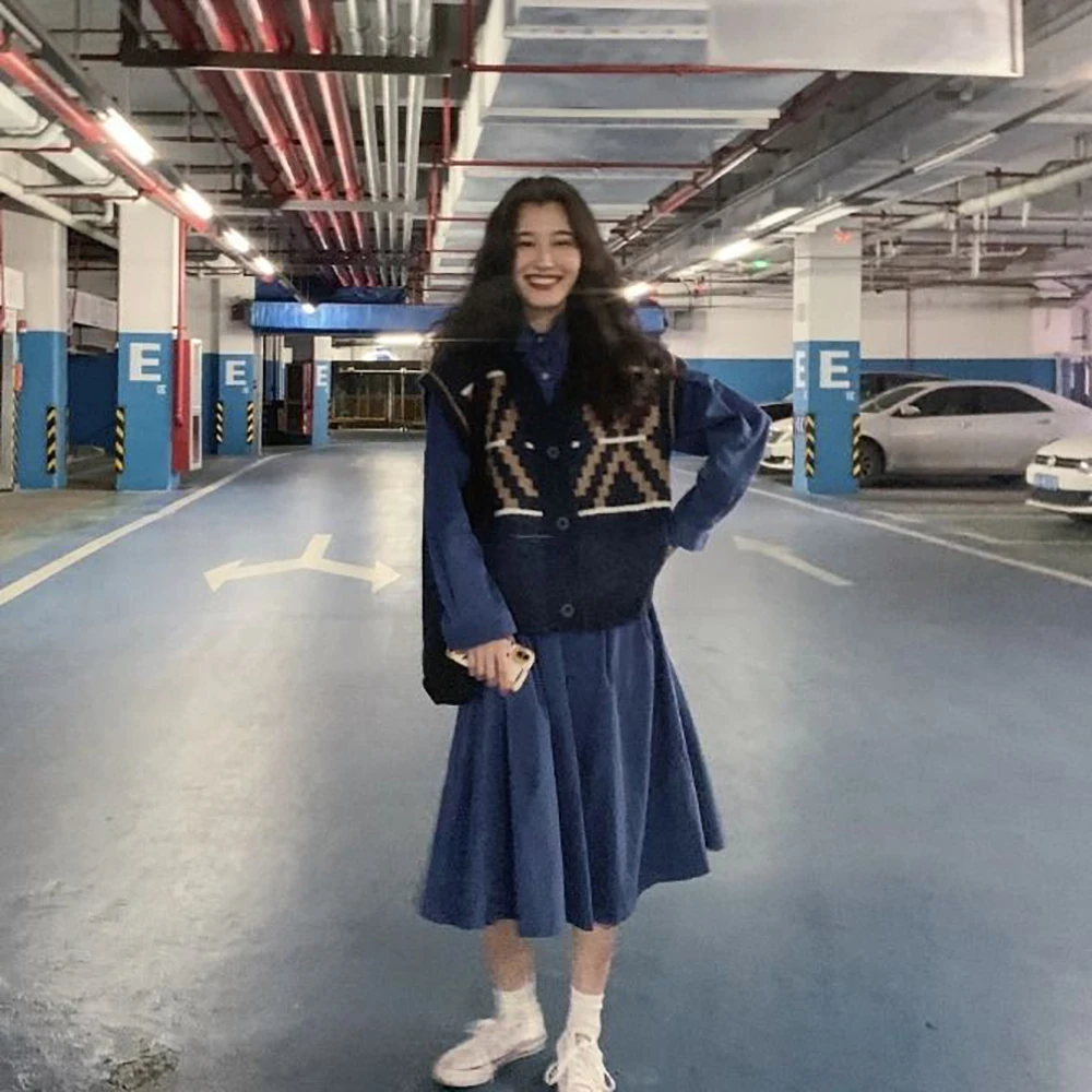 Женское платье с цветочным рисунком синее в Корейском стиле милая уличная одежда