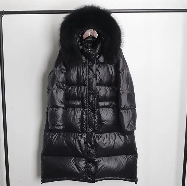 black fur Натуральный мех енота, Женская длинная пуховая парка, зимнее теплое пальто, белый пуховик на утином пуху, верхняя одежда, куртка с капюшоном и карманами на молнии - Цвет: black fur