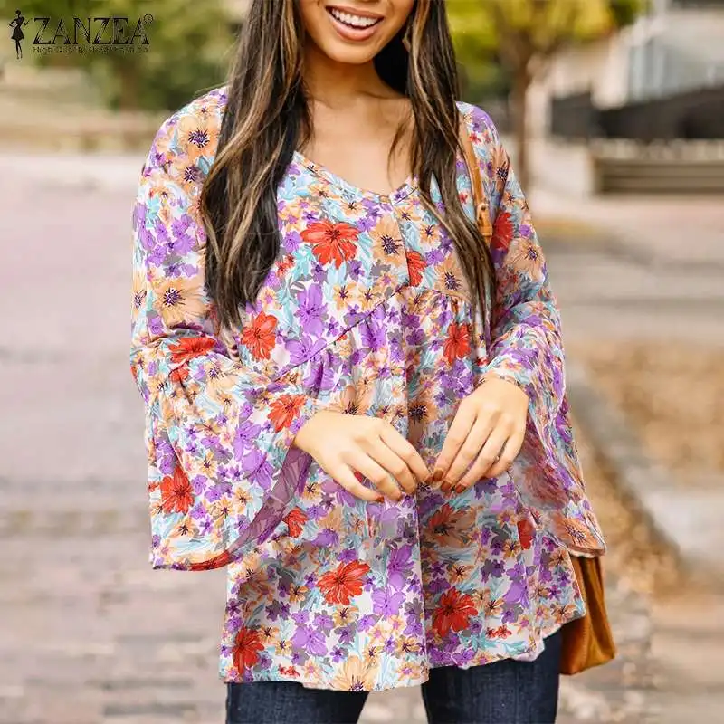 

ZANZEA Spring Long Sleeve Floral Blouse Women Bohemian Holiday Tops Casual V Neck Vintage Shirt Female Party Blusas Femininas