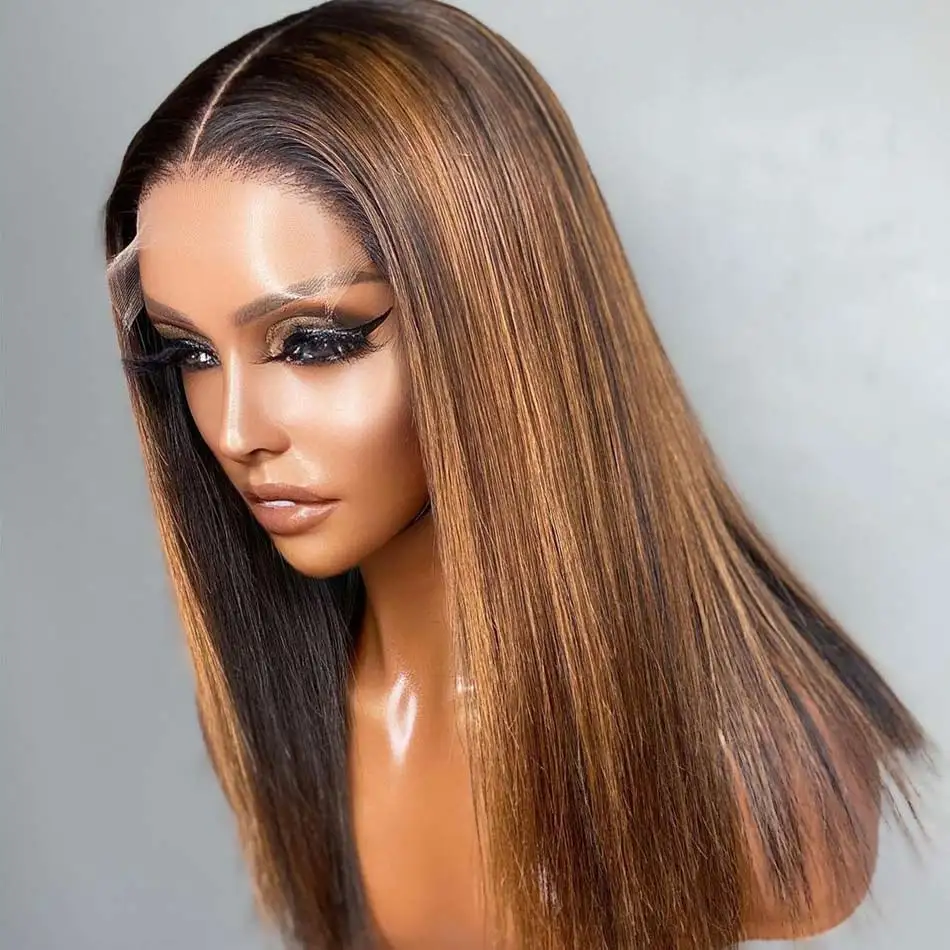 

Highlight Wig Brown Colored Human Hair Wigs Ombre Straight 13x6 4x4 Lace Front Wig Highlight 180% Density For Women Bleach Knots
