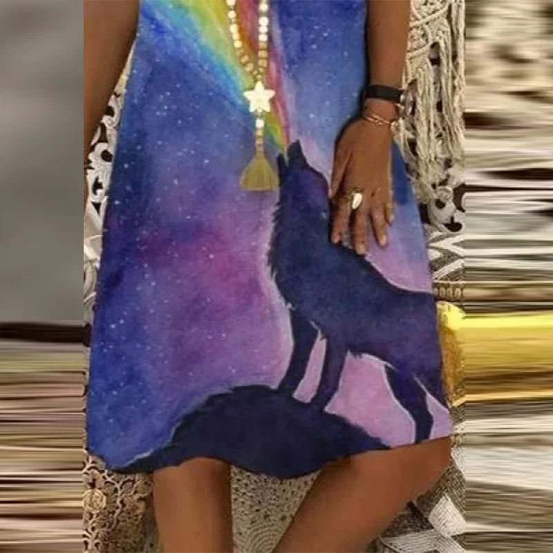 

Spring Nen Summer V Neck A-Line Party Dress Women Vintage Pattern Printed Midi Dress Elegant Short Sleeve Loose Beach Dresses