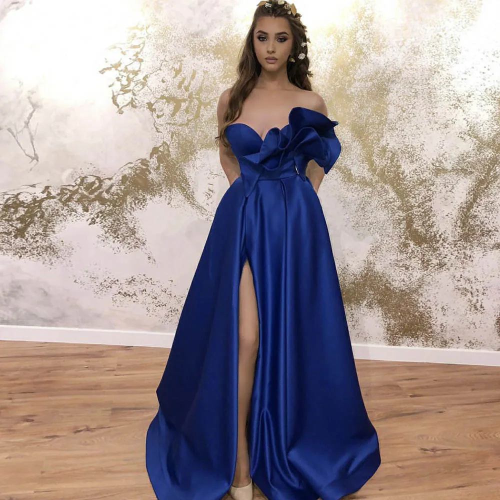 

Berylove Royal Blue Evening Prom Dresses Elegant Satin Hight Slit Women Long Fashion Ruched Shoulder Sexy Neck Party Dress