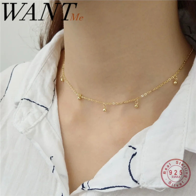 Женский кулон с золотистыми бусинами WANTME корейский из серебра 925 пробы короткое